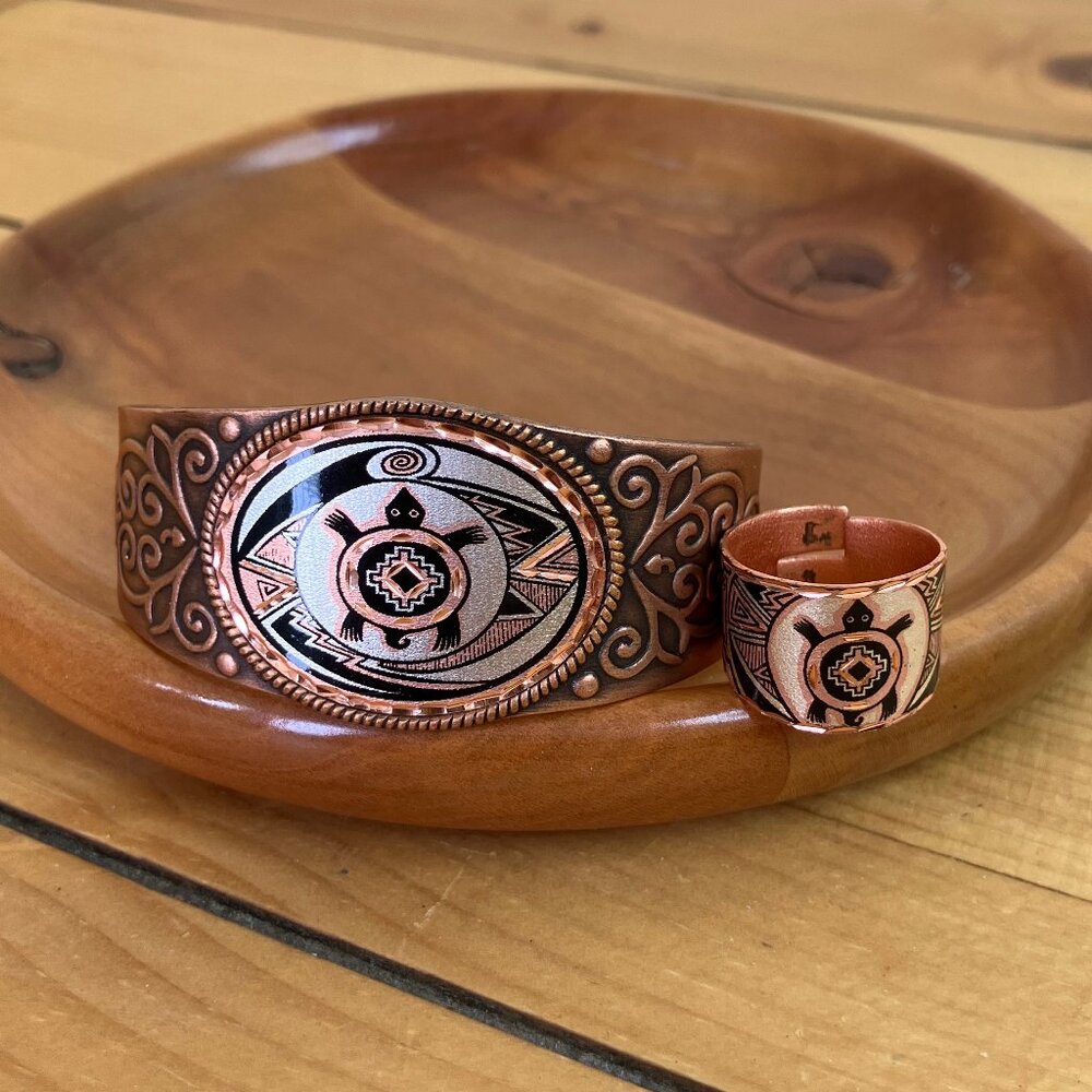 Southwestern Turtle Etched Copper Bracelet & Ring Western Cowgirl Set Adjustable